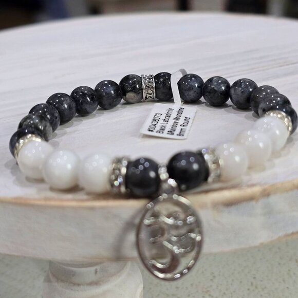 Black Labradorite & Rainbow Moonstone Beaded Bracelet – Silver Om Charm 8mm - Picture 8 of 10